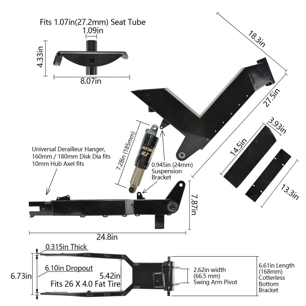 Voilamart Steel Electric Bike Frame 150mm Rear Dropout with Rear Shock Absorption, for 48V 3000W-5000W Stealth Bomber Frame