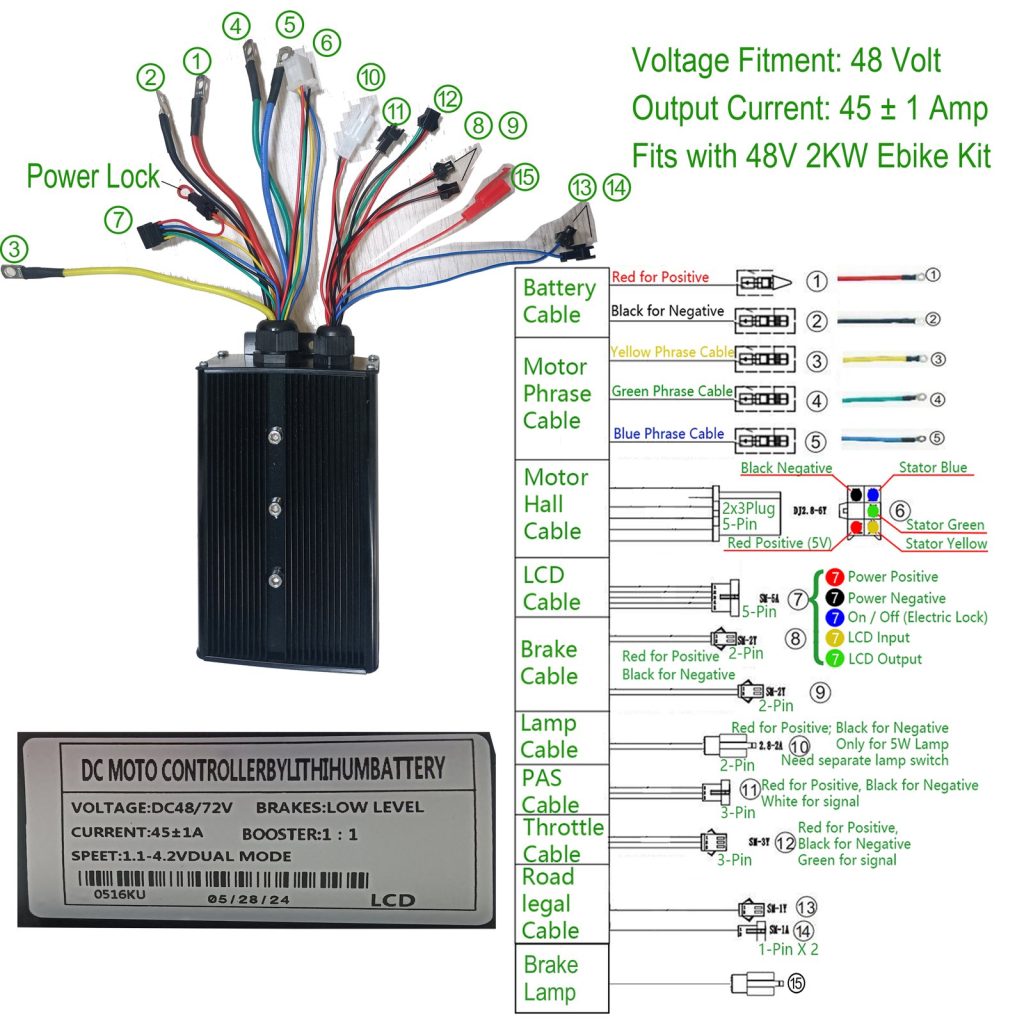 Voilamart 48V 2000W Electric Bicycle Controller with 5-Pin LCD connecting wire
