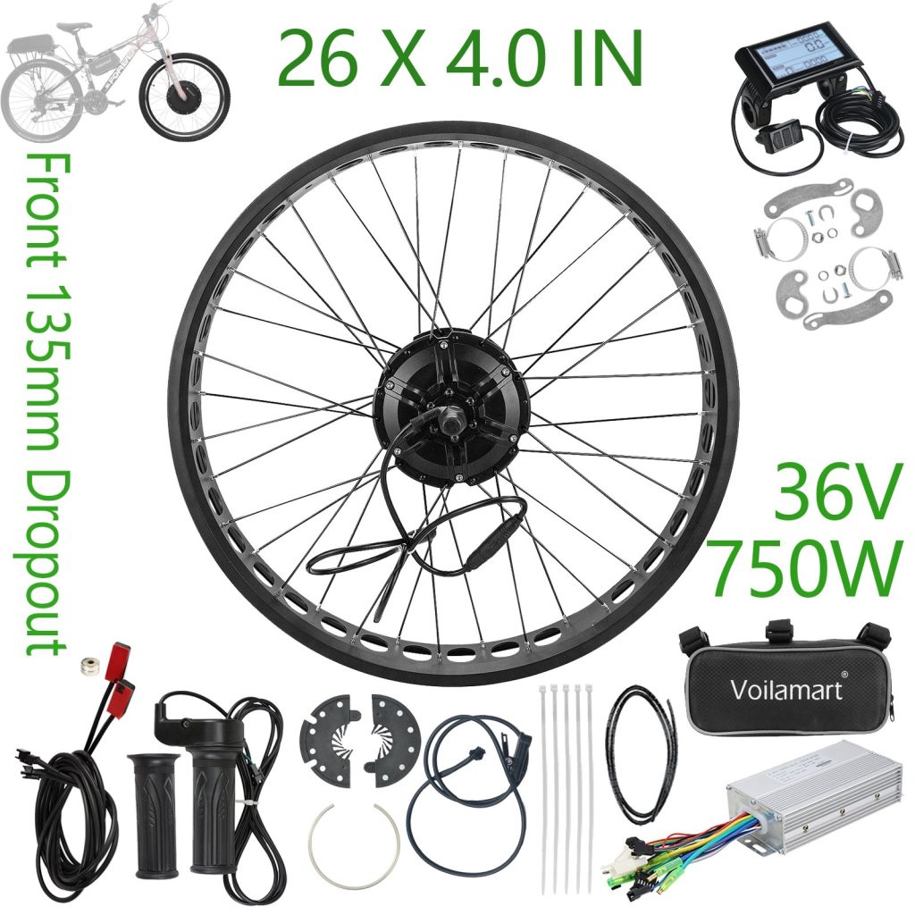 Voilamart 26 X 4.0“ Fat Tire Electric Bicycle 36V 750 Watt Front 135MM Hub Motor Wheel Ebike Conversion Kit for Turn Beach Cruiser Snow Bike into E-Bike