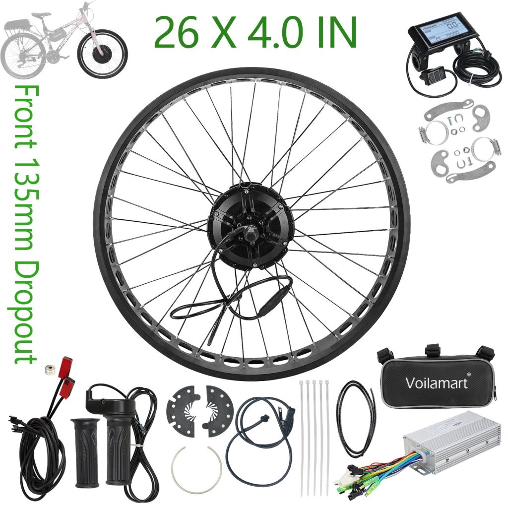Voilamart 26 X 4.0“ Fat Tire Electric Bicycle 36V Front 135MM Hub Motor Wheel Ebike Conversion Kit for Turn Beach Cruiser Snow Bike into E-Bike