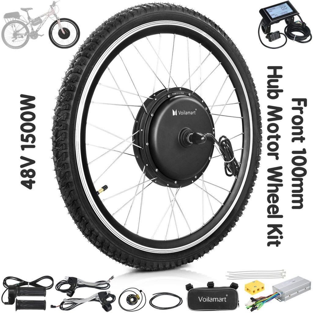 Voilamart 26IN 48V 1500W Ebike Front Motor Wheel Conversion Kit with SW900 LCD Display Monitor,  for Front 100MM Dropout, Intelligent Controller, PAS, 750W Restricted as Road Legal Turn Bike Into eBike Kit