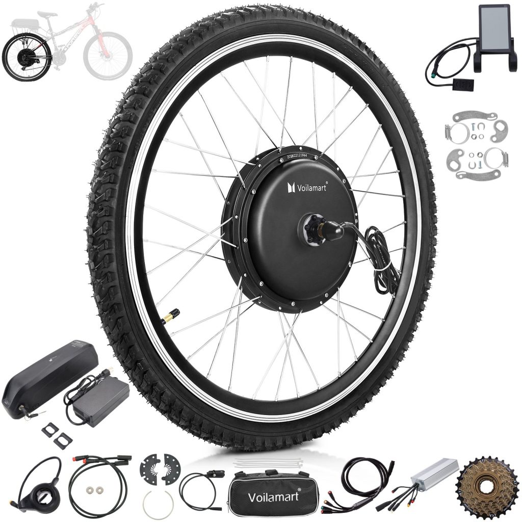 Voilamart 26" Waterproof Electric Bicycle Rear 135mm Hub Motor Wheel Conversion Kit 48V / 52V 1200W with LCD Display Meter IP65 With 16AH Battery