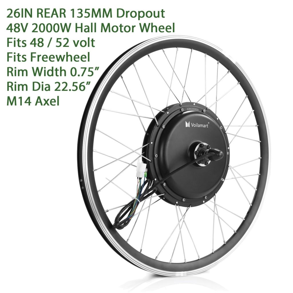 Voilamart 48V 2000W 26IN Electric Bicycle 135mm Rear Hub Motor Wheel 0.75'' Width Rim (Motor Wheel Only)