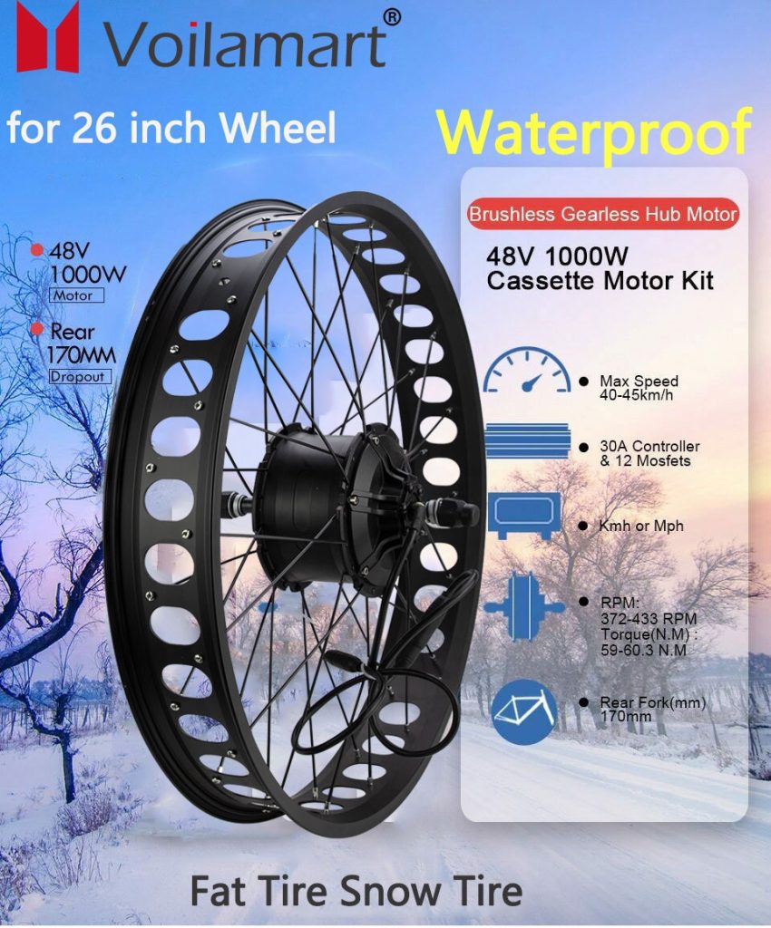 Voilamart Waterproof Electric Bike Conversion Kit 26" x 4.0 Fat Tire 48V 1000W Rear Wheel